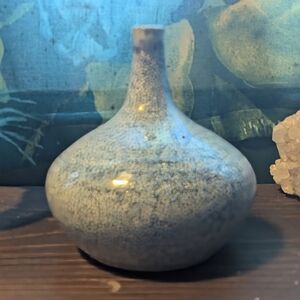 Mid Century Studio Pottery Speckled Blue Bud Vase Signed